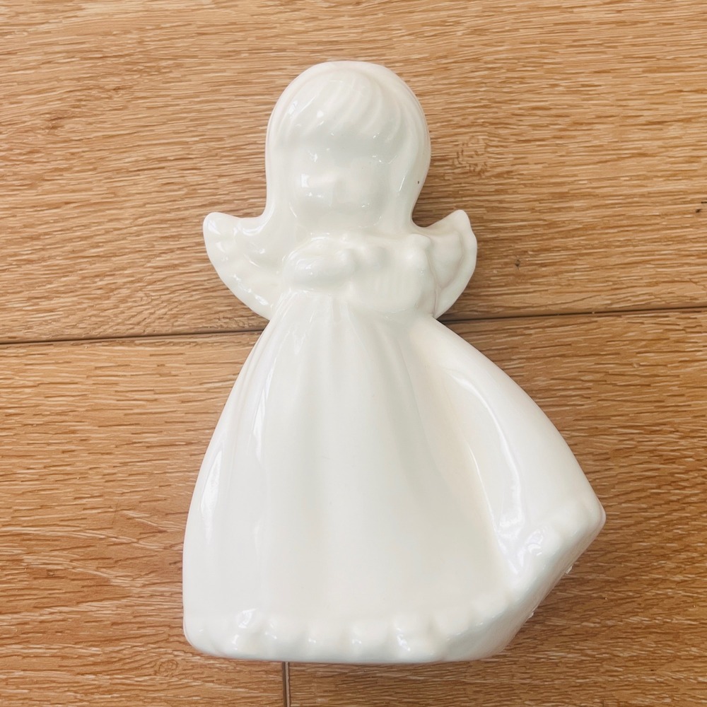 Vintage White Ceramic Angel Figurine Signed TM Glossy Minimalist‎ Decor